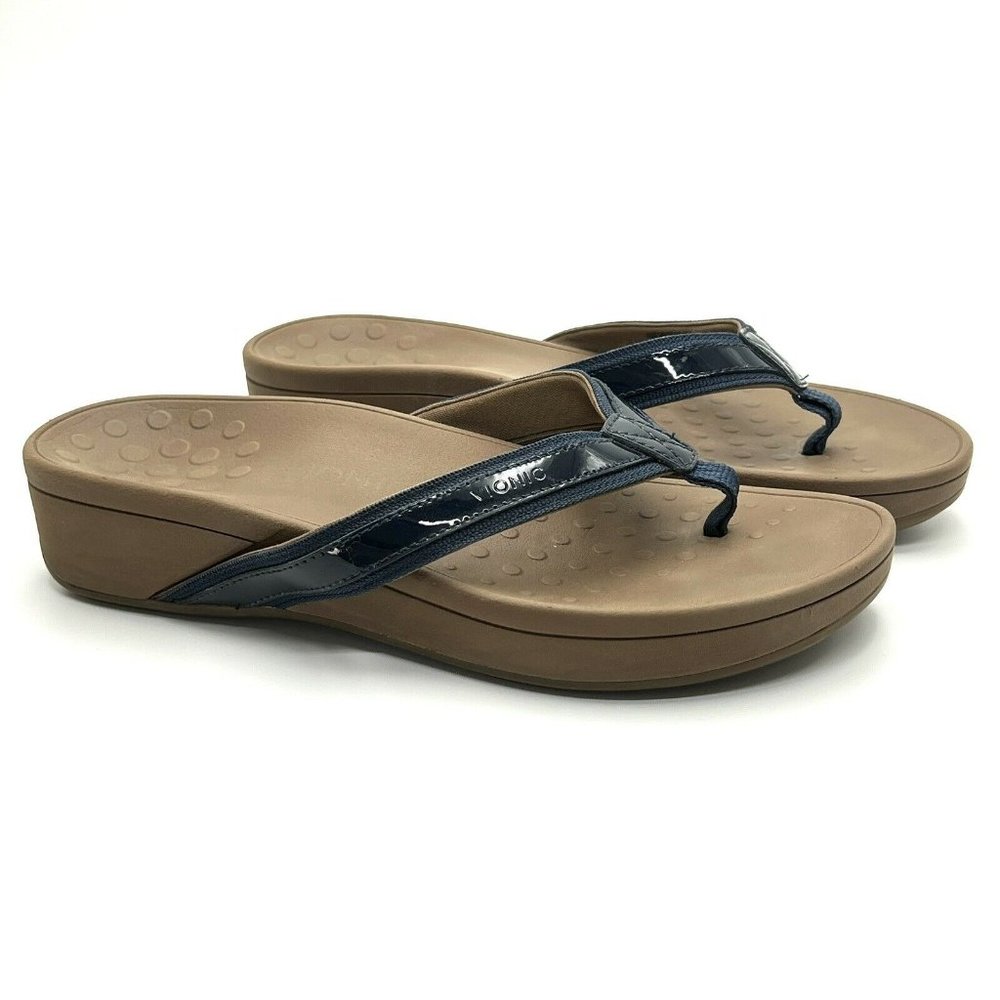 Vionic Sandals Wedge High Tide Size 10 Tan & Navy Blue Orthotic Flip Flop Thong